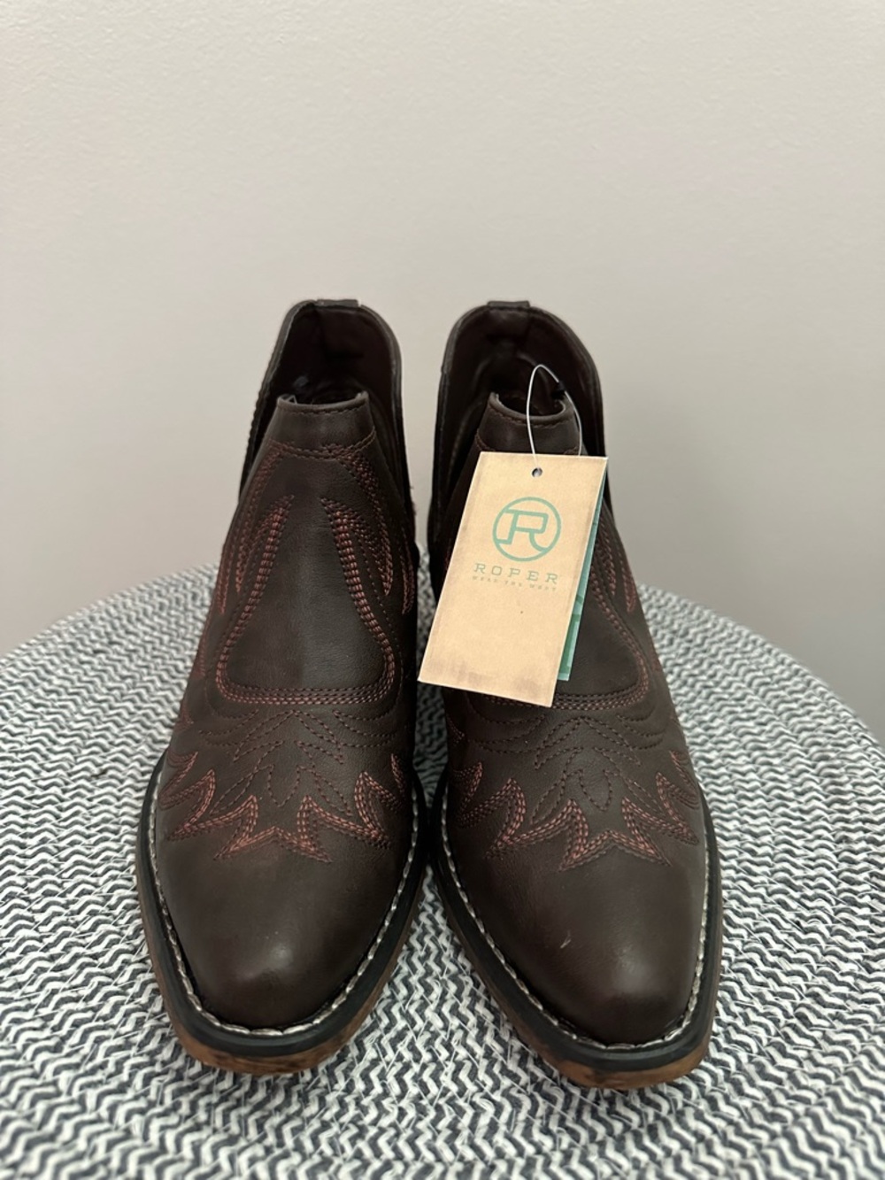 Roper Dark Brown Leather Western Chelsea Boots with Red Stitching